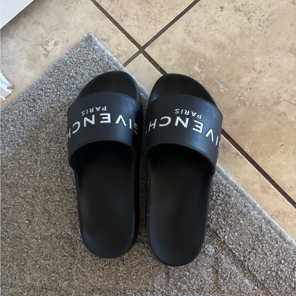 Givenchy Black Logo Slide Sandals with White Lettering